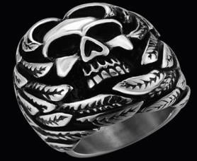 R141 Stainless Steel Feather Face Skull Biker Ring