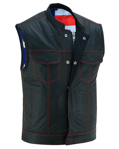 RC Mens's Leather Motorcycle Vest with Scoop Collar & USA Flag