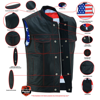 RC Mens's Leather Motorcycle Vest with Scoop Collar & USA Flag