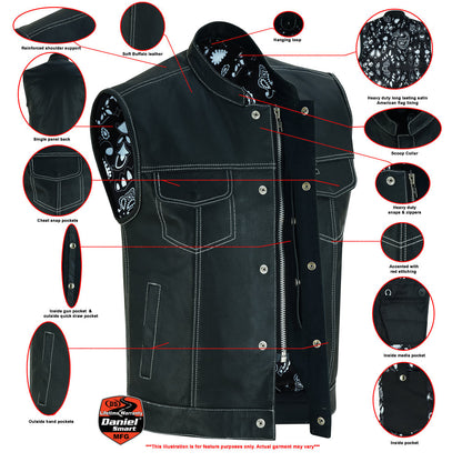 RC Men's Paisley Black Leather Motorcycle Vest with White Stitching