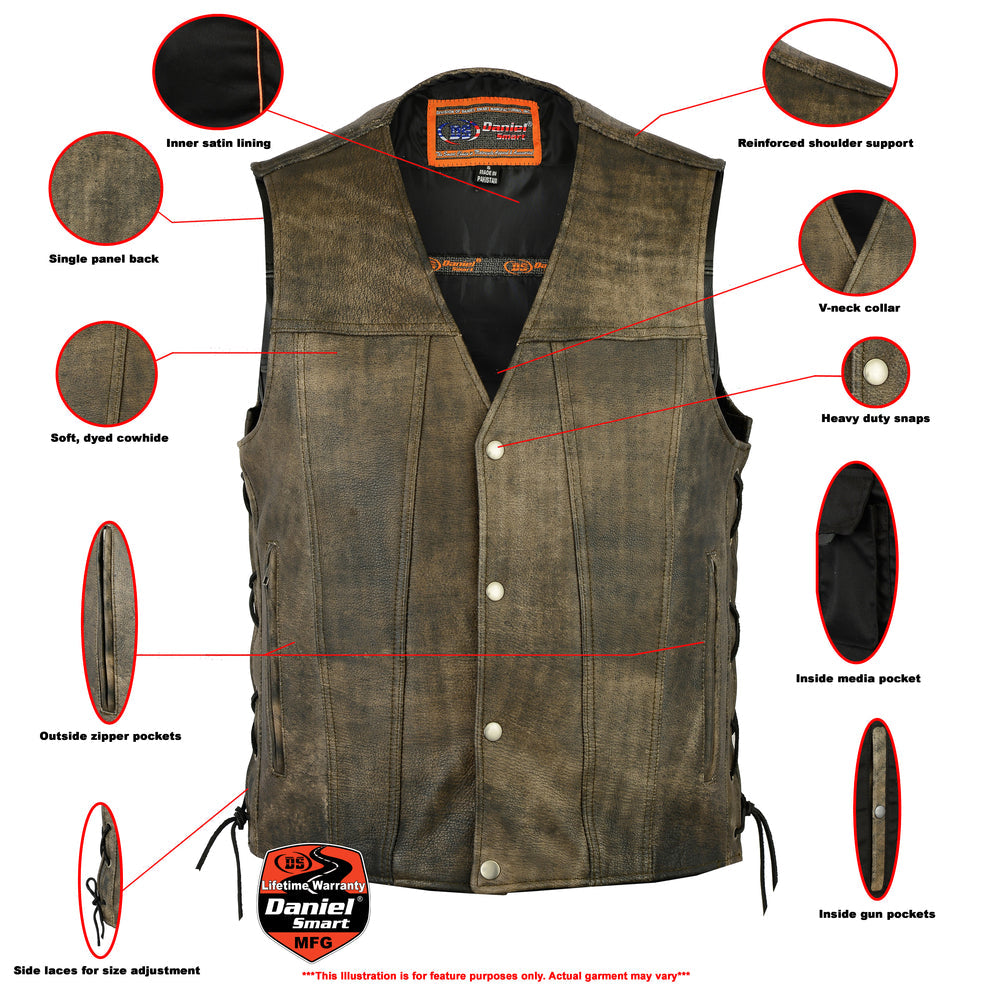 DS107 Men's Antique Brown Single Back Panel Concealed Carry Vest