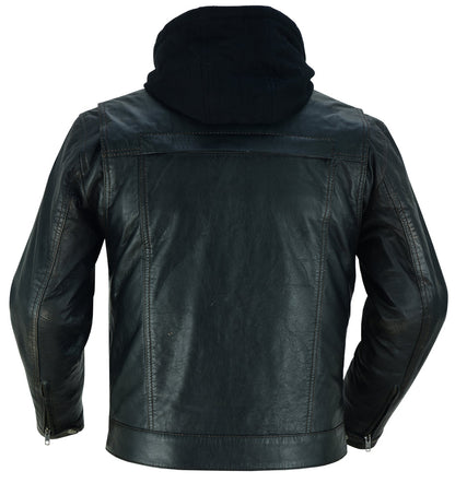 RC Men's Black Lightweight Drum Dyed  Distressed Lambskin Jacket with Removable Hoodie