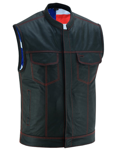 RC Mens's Leather Motorcycle Vest with Scoop Collar & USA Flag
