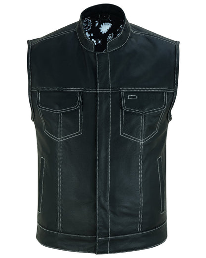 RC Men's Paisley Black Leather Motorcycle Vest with White Stitching
