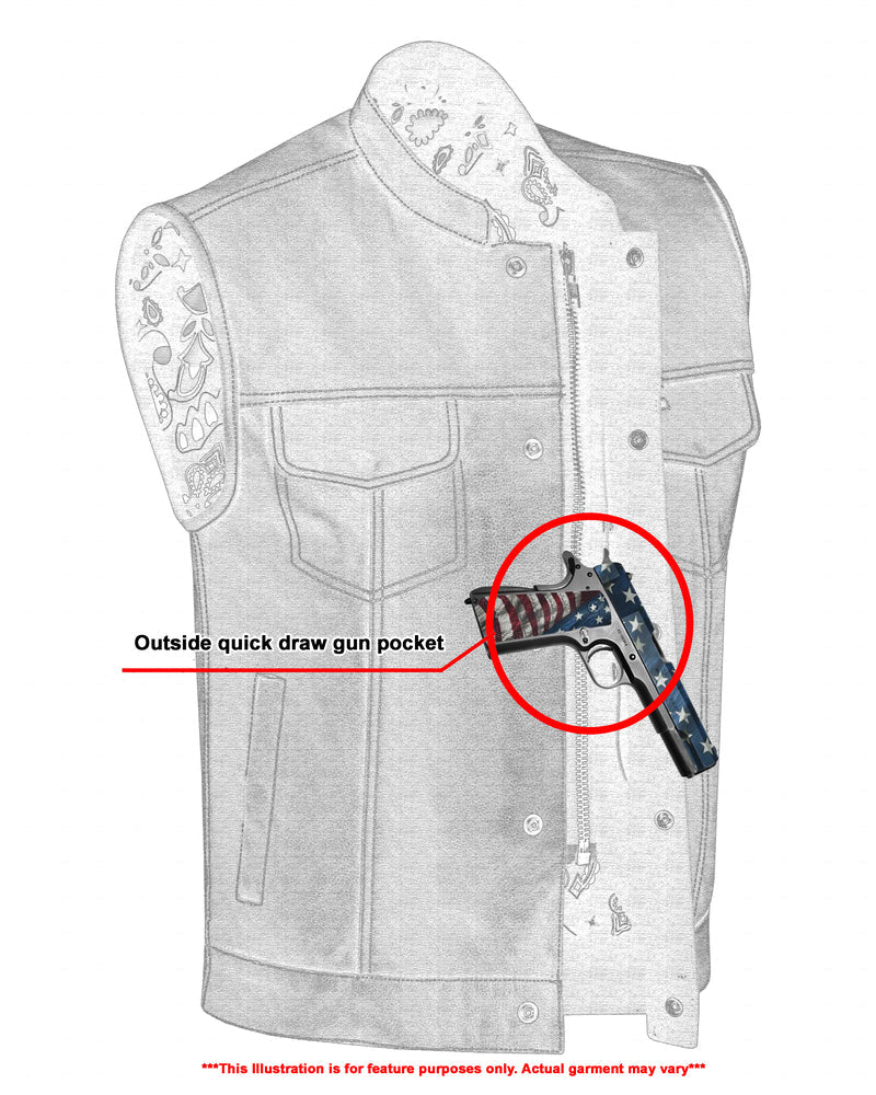RC Men's Paisley Black Leather Motorcycle Vest with White Stitching