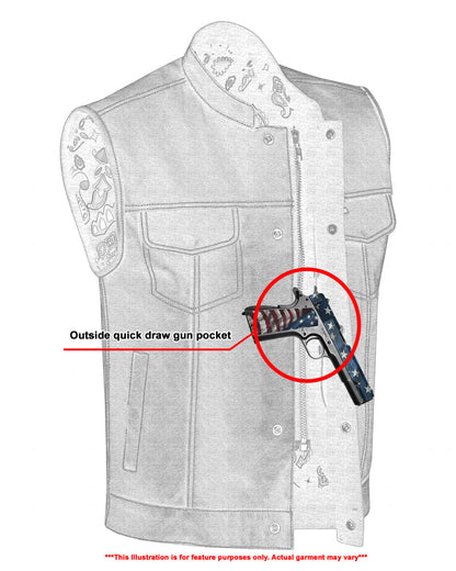 RC Men's Paisley Black Leather Motorcycle Vest with White Stitching