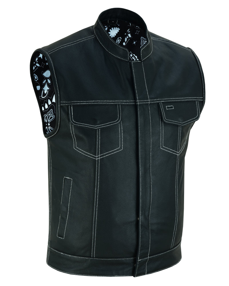 RC Men's Paisley Black Leather Motorcycle Vest with White Stitching