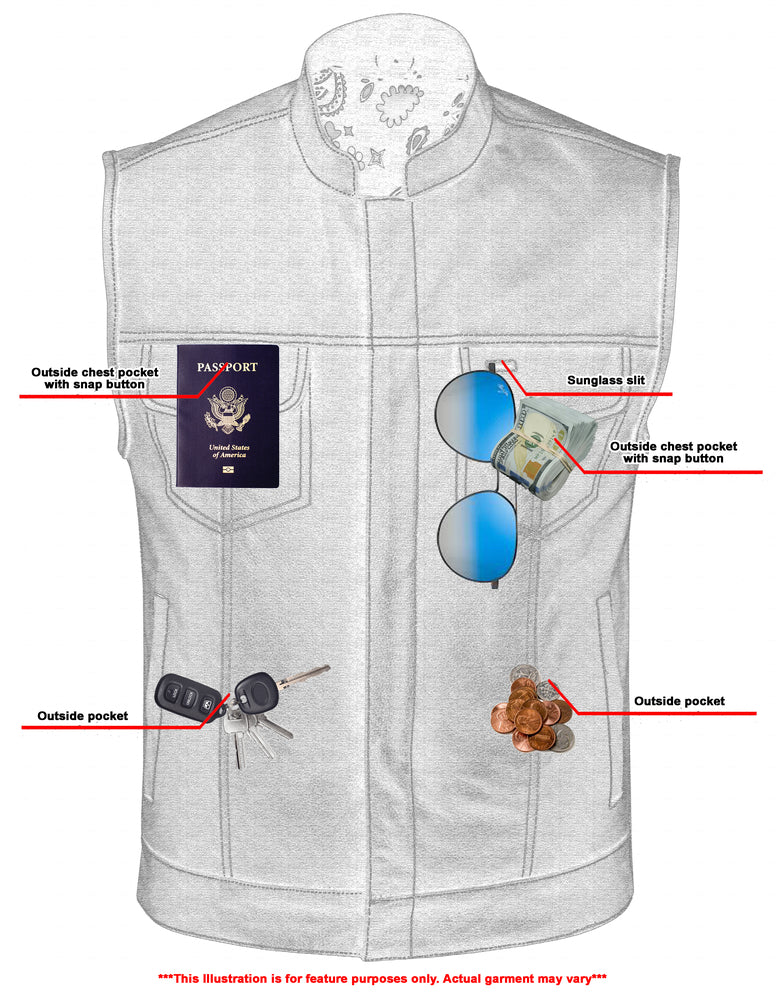 RC Men's Paisley Black Leather Motorcycle Vest with White Stitching