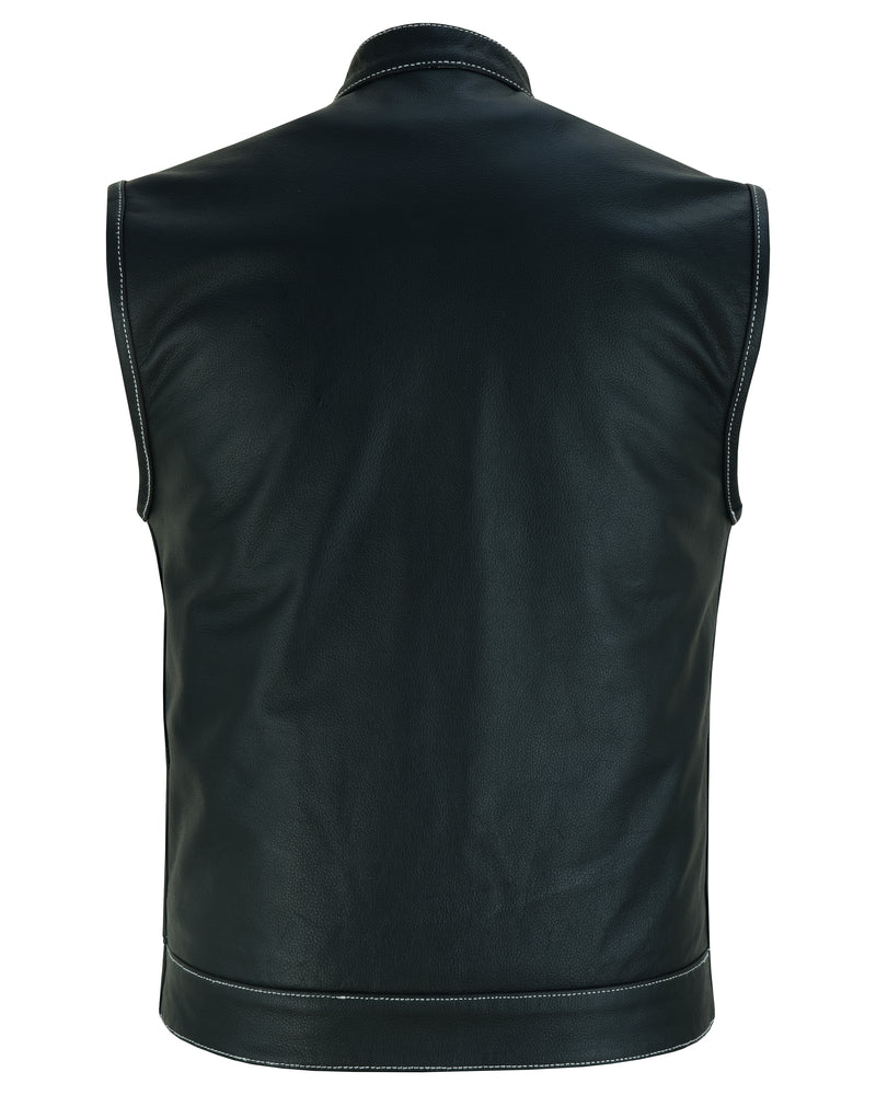 RC Men's Paisley Black Leather Motorcycle Vest with White Stitching