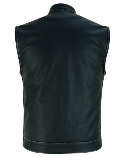 RC Men's Paisley Black Leather Motorcycle Vest with White Stitching