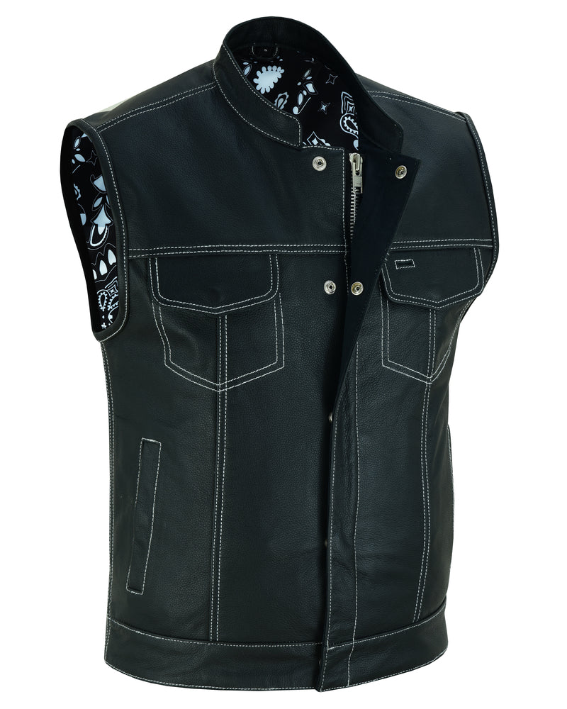 RC Men's Paisley Black Leather Motorcycle Vest with White Stitching