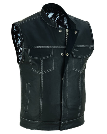 RC Men's Paisley Black Leather Motorcycle Vest with White Stitching