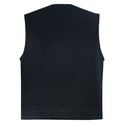 DM Mens Black Denim Motorcycle Vest with Concealed Snaps & Zipper
