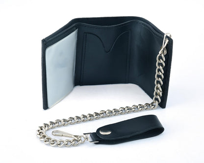 BWC235 Black Tri-Fold Genuine Leather Wallet with Chain