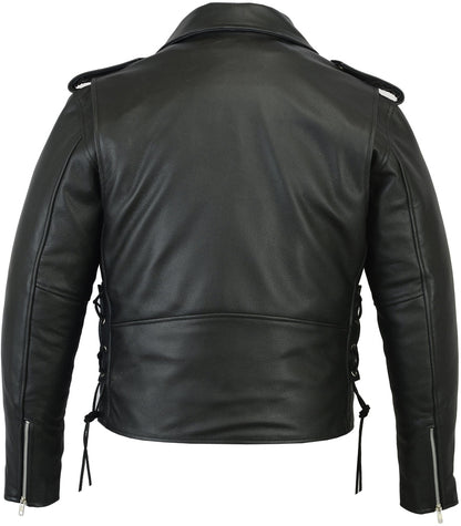 RC Men’s Classic Side Lace Police Black Leather Motorcycle Jacket