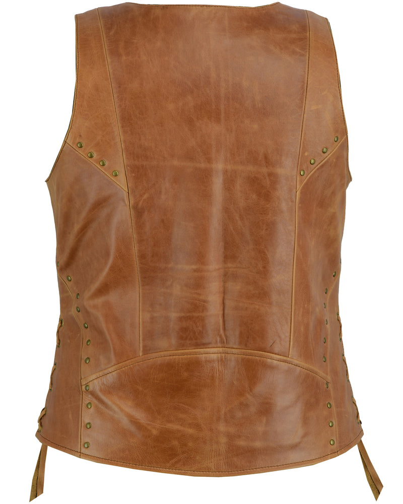 DS236 Women's Brown Zippered Vest with Lacing Details