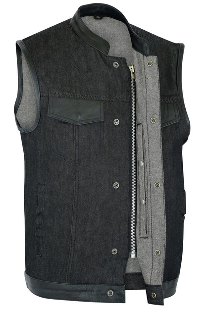 DM Men's Upgraded Rough Rub-Off Denim Motorcycle Vest w/Leather Trim