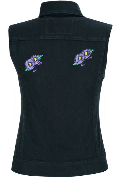 DM945 Women's Black Denim Snap Front Vest with Purple Daisy