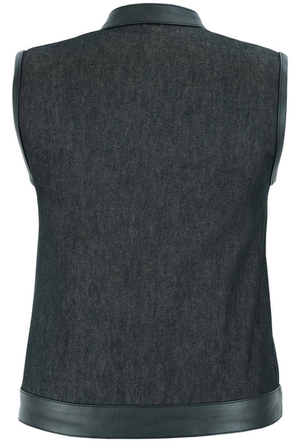 DM Women's Rough Rub-Off Raw Finish Denim Vest W/Leather Trim
