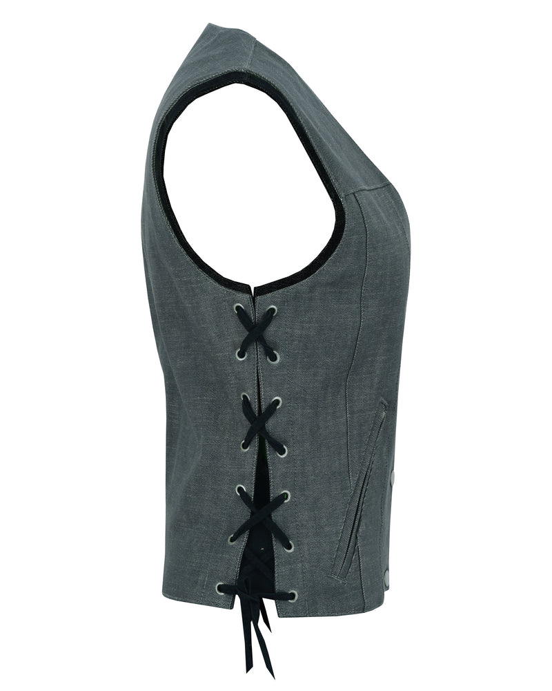 DM Women's Rough Rub-Off Raw Finish Broken Gray Denim Vest