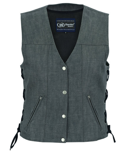 DM Women's Rough Rub-Off Raw Finish Broken Gray Denim Vest