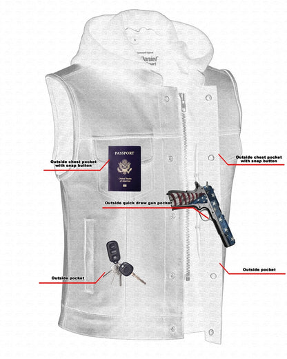 DS Men's Black Leather Motorcycle Vest with Removable Hood