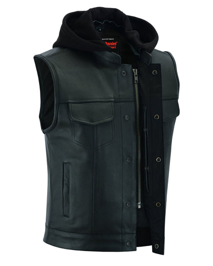 DS Men's Black Leather Motorcycle Vest with Removable Hood