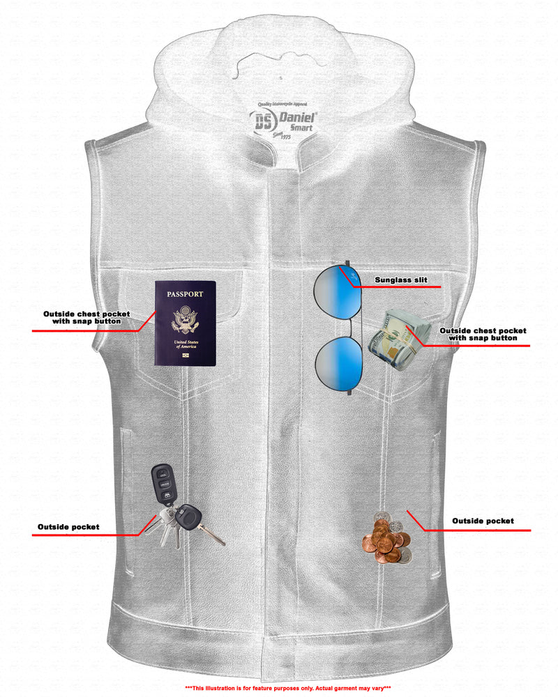 DS Men's Black Leather Motorcycle Vest with Removable Hood