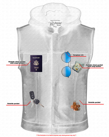 DS Men's Black Leather Motorcycle Vest with Removable Hood