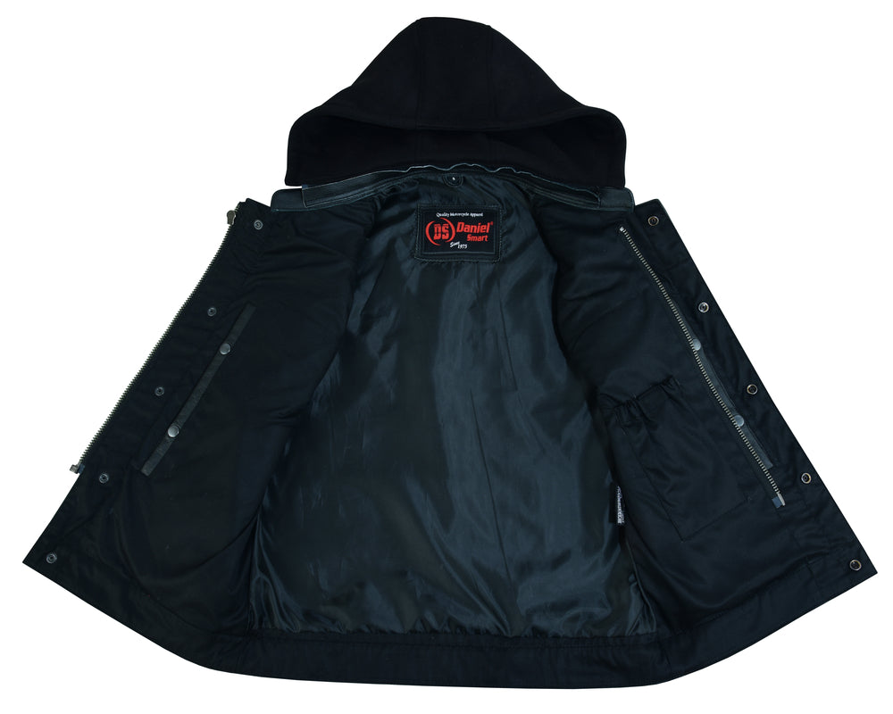 DS Men's Black Leather Motorcycle Vest with Removable Hood