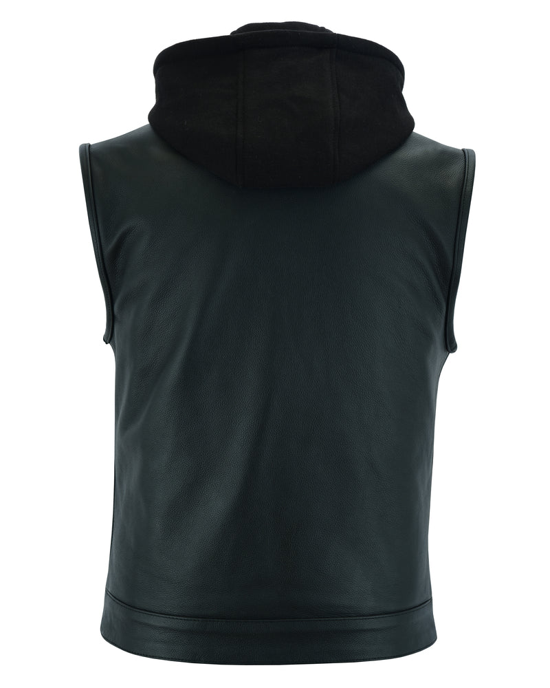 DS Men's Black Leather Motorcycle Vest with Removable Hood