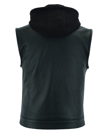 DS Men's Black Leather Motorcycle Vest with Removable Hood